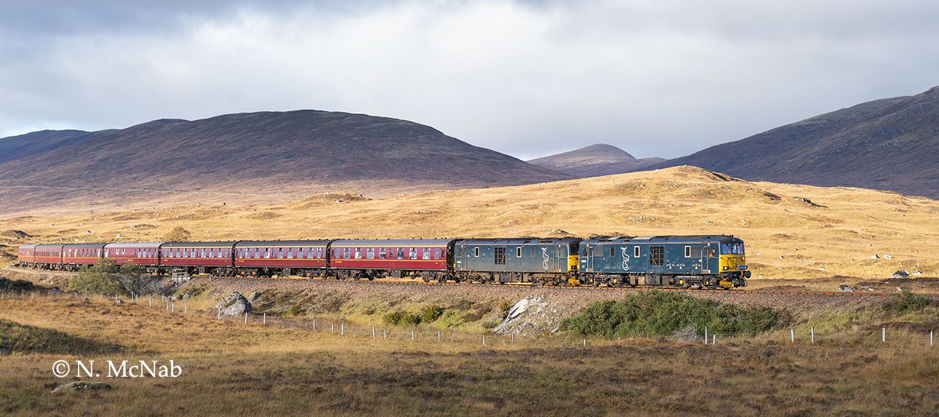 Two Class 73 locos head a southbound SRPS Charter north of Rannoch Station, 2018.